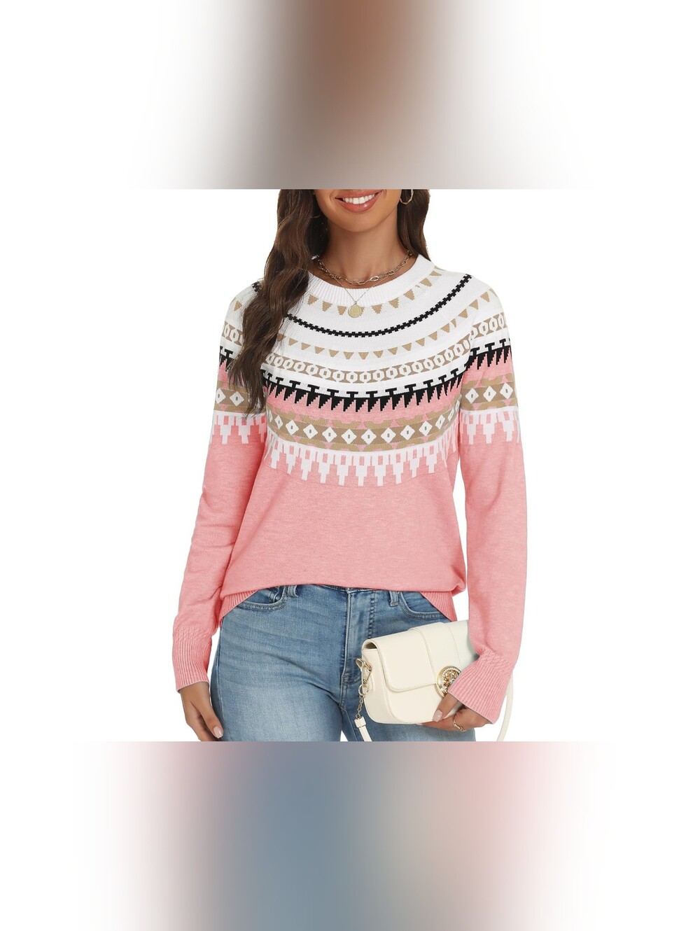 Women's Pink Fair Isle Crewneck Sweater - Picture 2 of 7